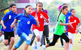 Students of Guru Nanak Public School, Sarabha Nagar, take part in a race during their annual athletics meet in Ludhiana.