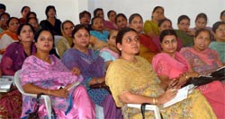 Teachers attend the monthly meeting of the Education Department at the Teachers Home in Bathinda on Saturday. 