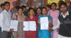 ETT students talking to mediapersons in Bathinda on Saturday. 