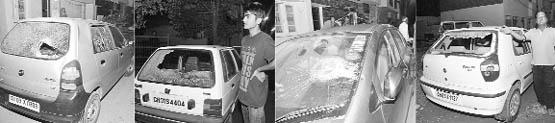 The cars that were damaged by unidentified youths at Sector 45 in Chandigarh on Saturday evening.