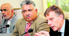 Left to right: Lord Diljit Rana, MBE, Honorary Counsul of India to Northern Ireland, Anil Malhotra and Prof Sir Peter Gregson, Vice-Chancellor and President, Queens University, Belfast, during a discussion on Indians, NRIs and the Law at the Institute for Development and Communication, Chandigarh, on Saturday.