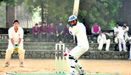 A batsman in action in a match in the Inter- council Schools Senior Boys Cricket Tournament played at  St Josephs School in Dehradun on Saturday.