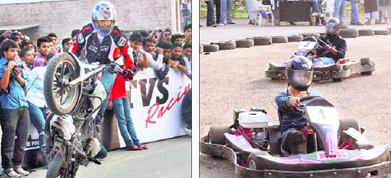 A student displays stunts on his bike; and (right) students enjoy go-karting during Gyan Manthan at the LPU on Saturday
