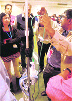 Doctors give a live domonstration during the fourth National Conference of IAP Neonatology in Ludhiana on Saturday. 