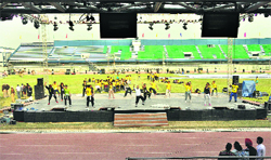 Artistes rehearse at Guru Nanak Stadium in Ludhiana on Sunday.