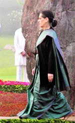 Congress president Sonia Gandhi pays tribute to former Prime Minister Indira Gandhi on her 94th birth anniversary at Shakti Sthal in New Delhi on Saturday