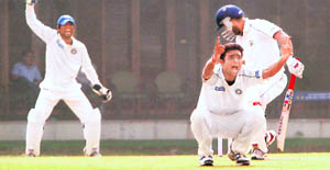 Saurashtras Jaydev Unadkat appeals for a leg-before decision against a Punjab batsman in their Ranji Trophy match at the PCA Staduim in Mohali on Saturday. 