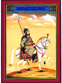 Sri Guru Ajanubahu Rao Dhansinghji of Dadri has been shown fully armed, with a zira-buktar and steel helmet, holding a large drawn sword with the right hand and reigns of the horse with the left