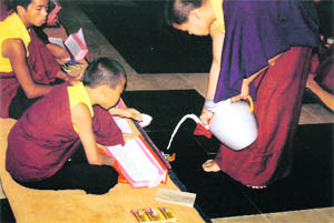 After the prayers, it is teatime for monks at the monastery