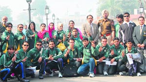 Men and women karate teams of Pakistan on their arrival in Amritsar on Sunday