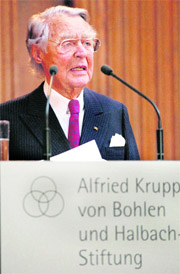 Berthold Beitz, the 98-year-old chairman of the Alfried Krupp von Bohlen and Halbach Foundation, gives a speech in Essen, Germany, during festivities to celebrate the 200th anniversary of Krupp on Sunday. The Krupp cast steel company, which was founded in 1811 in Essen, was the nucleus of the heavy industry company Friedrich Krupp AG that later merged into ThyssenKrupp