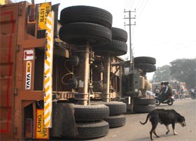 A truck on its way to Ludhiana from Rajasthan overturned at the Bibiwala Chowk on Saturday night in Bathinda.
