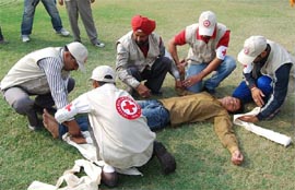 The workers of the Red Cross Society holding mock drill on first-aid at the Bathinda Fort on Sunday.
