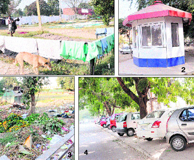 (1) A park encroached upon by a washerman in Sector 7, Chandigarh. (2) A police beat box lying empty in Sector 7.(3) A heap of garbage lying in Sector 8. (4) Cars parked behind the Sector-9 market on Madhya Marg. Tribune photos: Manoj Mahajan