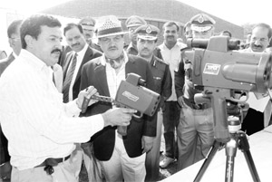 Haryana DGP Rajiv Dalal (wearing hat) inspects road-safety equipment at Sector 5 in Panchkula on Sunday.