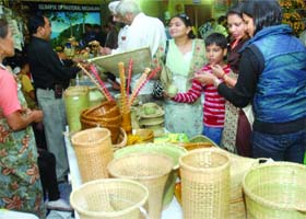 Visitors at the Meghalaya pavilion of the trade fair at Pragati Maidan in New Delhi