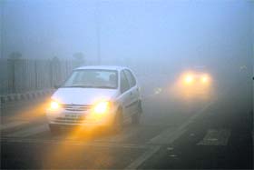 Vehicles move at a snails pace in dense fog at the Gohana bypass in Sonepat district on Sunday
