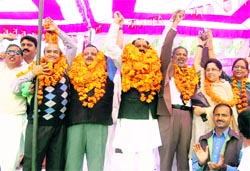 Leaders of the National Conference at the party convention in Vijaypur in Samba district