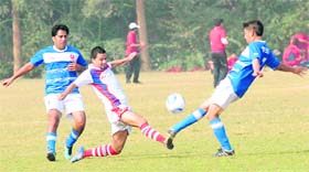 A football match in progress during the North Zone Sports Meet of ESIC at Panjab University, Chandigarh, on Monday
