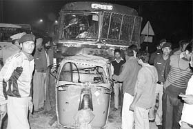 A bus that rammed into an auto-rickshaw near Hallo Majra in Zirakpur on Monday night