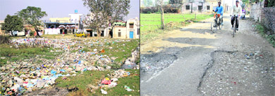 Garbage lies scattered at Birring village; and (right) road dug up for laying sewerage only to be temporarily filled thereby posing problems for residents and commuters in Jalandhar.