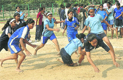 Players in action during a kabaddi match at Sector 42 in Chandigarh on Tuesday. 