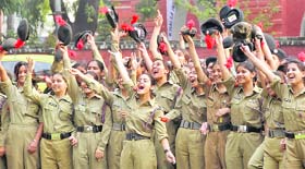 Raring to go: Cadets of the Khalsa College for Women in a jubilant mood ahead of the NCC Day in Ludhiana on Tuesday