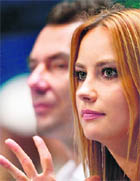 Ester Satorova, girlfriend of Tomas Berdych of Czech Republic, reacts as her boyfriend heads for defeat against Novak Djokovic at the ATP World Tour Finals in London on Tuesday. 
