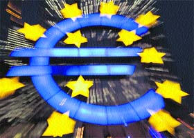 The euro sign in front of the European Central Bank in Frankfurt am Main, Germany