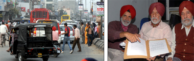 Traffic on the Guru Kashi Marg (left), which is the only road passing through the city, may ease after the Ring Road Phase-I project is completed; The owners of owners of the land to be acquired for the Ring Road project (from left) Col JS Mann, JS Dhaliwal and Raghbir Singh Shergill