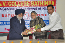 Principal of the DAV College Dr JS Anand (extreme left) welcoming Dr Manju Malhotra (centre) before an extension lecture held at the college on Tuesday.