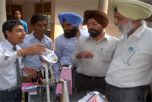 District Education Officer, Bathinda, HS Sandhu (extreme right), interacting with students at the district science exhibition held at the MHR School in Bathinda on Tuesday. 