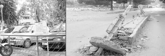 Vehicles parked in a park in Phase VI of Mohali; (right) A road divider that needs to be re-laid.