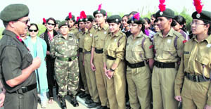 Brig Satish Kumar, Cdr Gp HQ NCC, interacts with cadets at the NCC Week celebration function in Chandigarh on Wednesday
