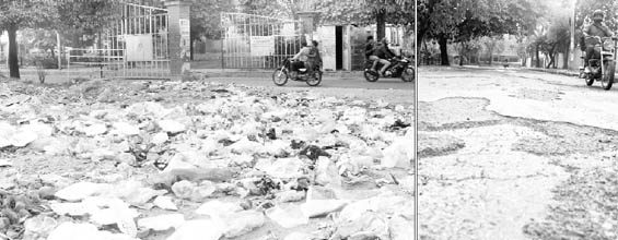Garbage lying scattered in a residential area in Phase VI of Mohali; (right) A road in a bad shape.