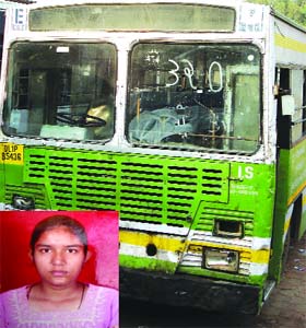 The DTC bus which ran over Priya Jain (inset) at Vikas Marg in east Delhi on Wednesday