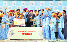 The elated womens team after winning the Kabaddi World Cup in Ludhiana on Sunday.