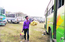 A vendor sells popcorns and other eatables at the rally venue near Ludhiana on Wednesday.