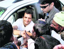 AICC general secretary Rahul Gandhi meets people during his Jan Sampark Yatra at Motera in Uttar Pradesh on Wednesday