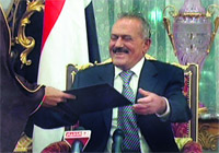 A TV grab of Yemeni President Ali Abdullah Saleh after he signed the deal to exit power in Riyadh. 