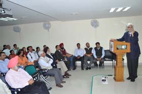 The vice-chancellor of the Central University of Haryana, Prof Mool Chand Sharma delivering lecture at the Central University of Punjab, Bathinda, on Thursday