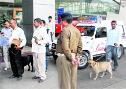 Police and bomb disposal personnel at the Chandigarh airport during a mock drill on Thursday