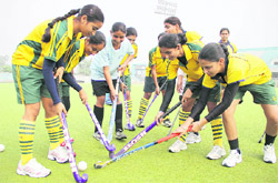 Girls get ready for trials to the junior national hockey at Surjit Hockey Stadium in Jalandhar