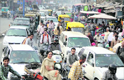 Long queues of vehicles stuck in a traffic jam on the GT Road following a protest by Sarv Shiksha Abhiyan teachers in Jalandhar