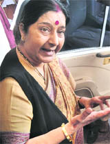 Sushma Swaraj outside Parliament in New Delhi.