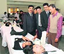 Students of Law College donate blood at a camp in Dehradun on Friday