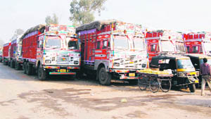 Long rows of trucks parked at the Attari-Wagah border in Amritsar.