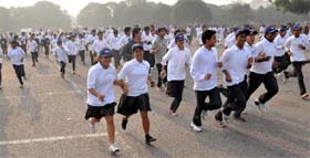Schoolchildren participate in the Heritage Run to create awareness about the conservation of cultural heritage and environment concerns at the Leisure Valley Park in Gurgaon on Saturday