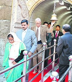 President Pratibha Devisingh Patil comes out after paying obeisance at the holy cave shrine of Shri Mata Vaishno Devi in Katra on Saturday. Governor NN Vohra, who is the chairman of the Shrine Board, is also seen in the picture.