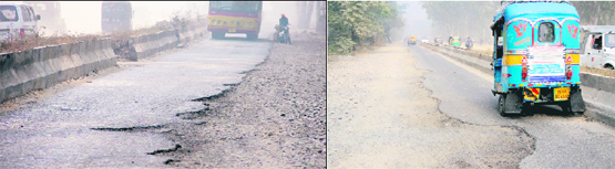 The old GT Road near Suranussi which has been damaged causing inconvenience to commuters in Jalandhar.